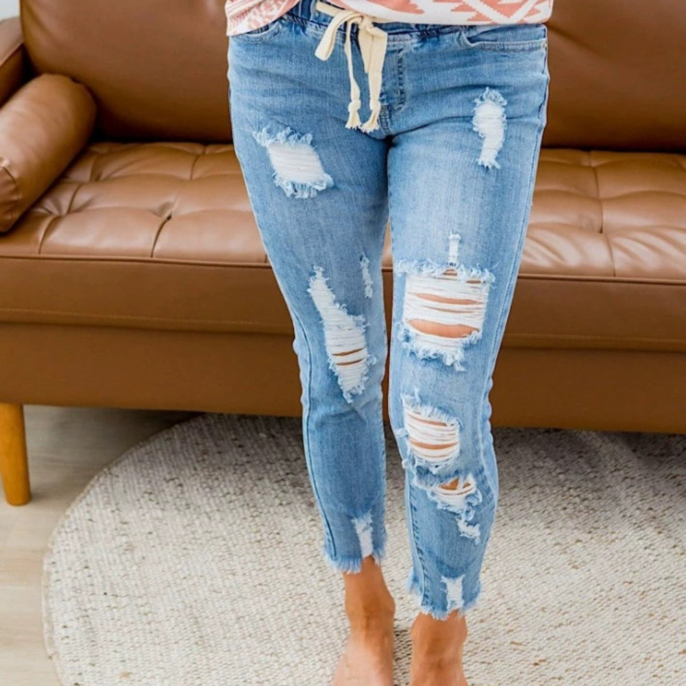 ZARA Womens High Rise Ripped Elastic Waist Jeans